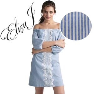 Nordstrom Eliza J Lace Trim Seersucker Off Shoulder Pockets 3/4 Sleeve Dress 6